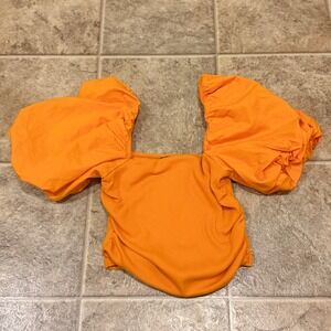Zara Womens Orange Ribbed Puff Sleeve Square Neck Crop Top Small
